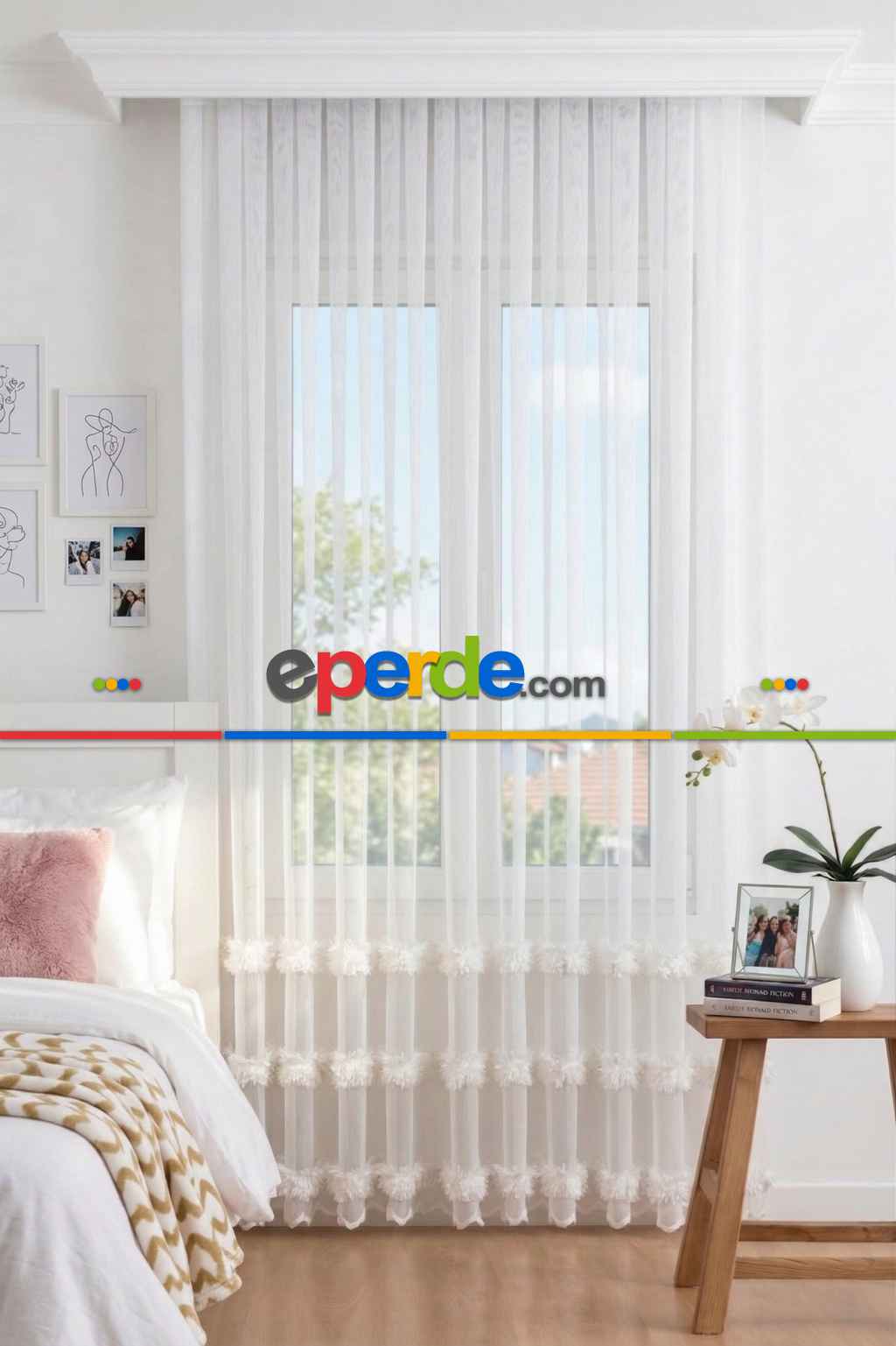 Bambu Zemin, Etek Püsküllü Tül Perde, Bambu Doğal Dokulu, Ekru