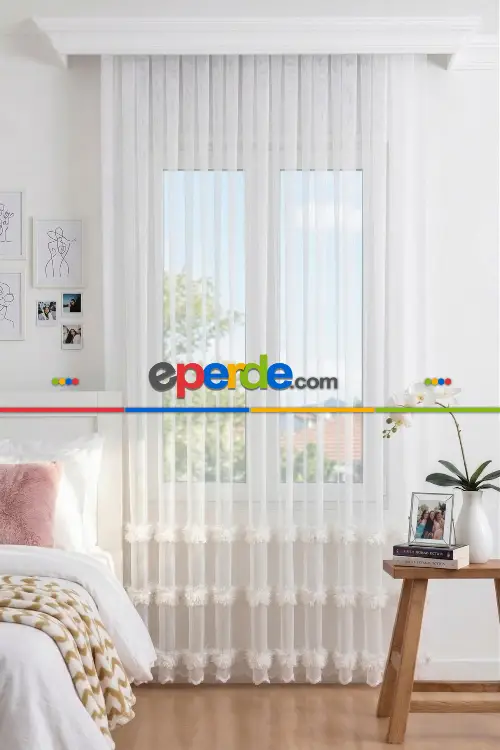 Bambu Zemin, Etek Püsküllü Tül Perde, Bambu Doğal Dokulu, Ekru