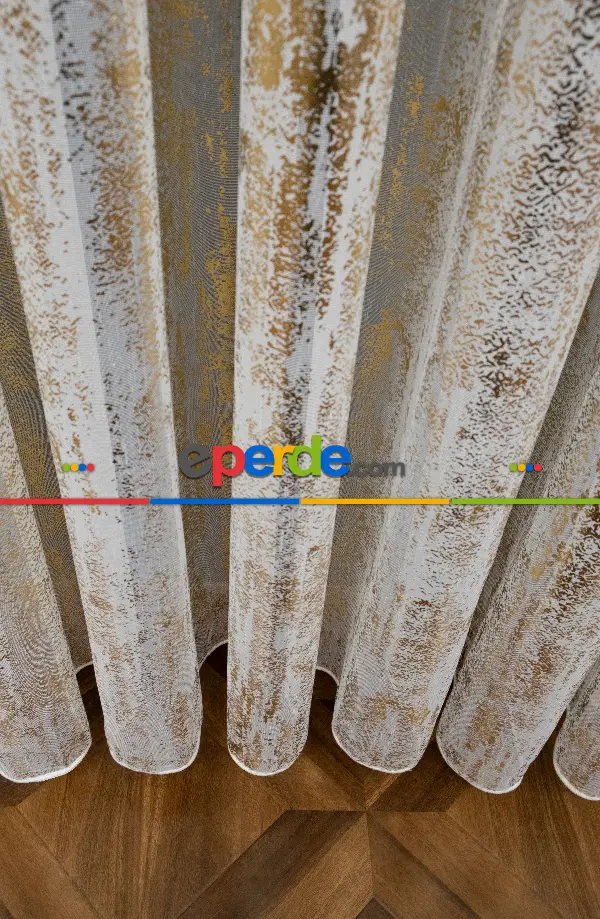 Salon Tül - Modern Altın Varaklı Keten Tül Perde Yüksek Kalite