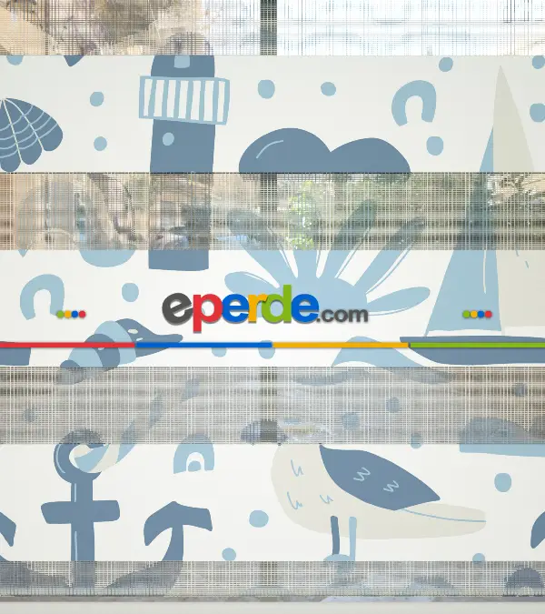 Bebek Odası Zebra -  Denizci Desenli Baskılı Zebra Perde- Mavi-Çok Renkli-Kum Beji