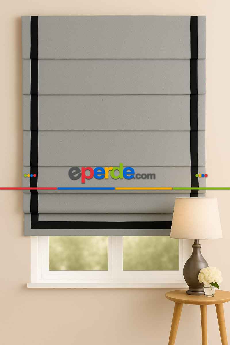 Salon - Katlamalı Perde Antrasit Fon Kumaş Üzerine Siyah Biyeli