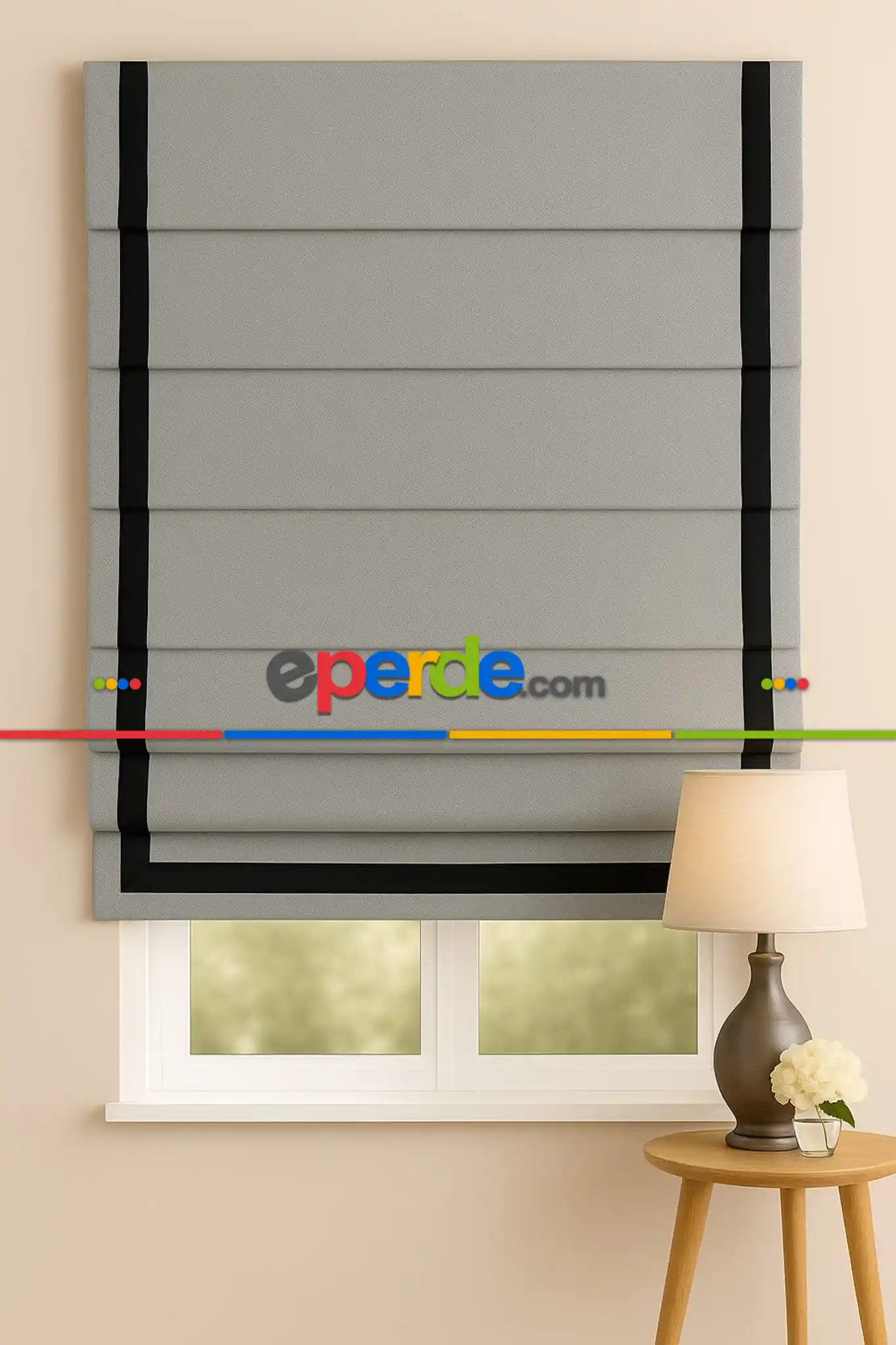 Salon - Katlamalı Perde Antrasit Fon Kumaş Üzerine Siyah Biyeli