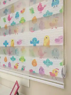 Kız Çocuk Bebek Odası Perdesi Sevimli Kuşlar Baskılı Zebra Perde- Mavi-Sarı-Pembe-Lila- Çok Renkli 2