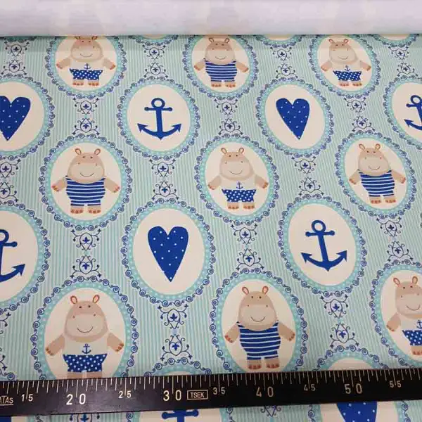 Bebek Odası Fon - Çapa Ayıcık Ve Kalp Desenli Fon Perde Evm1098 Kumaşı Kalındır Duck Bezi Değildir- Beyaz