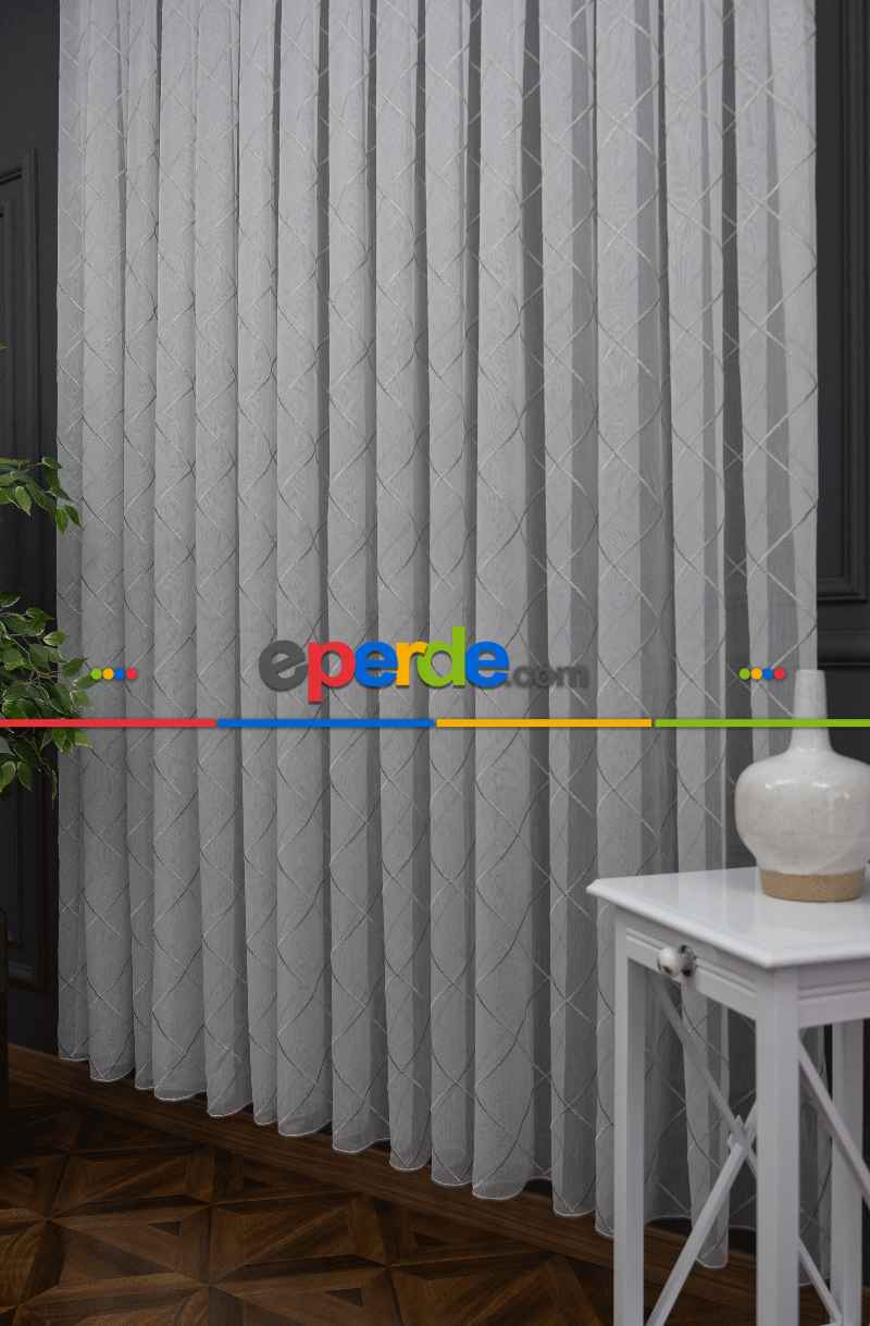 Yatak Odası - Geometik Desenli Tül Perde - Ekru - Gümüş