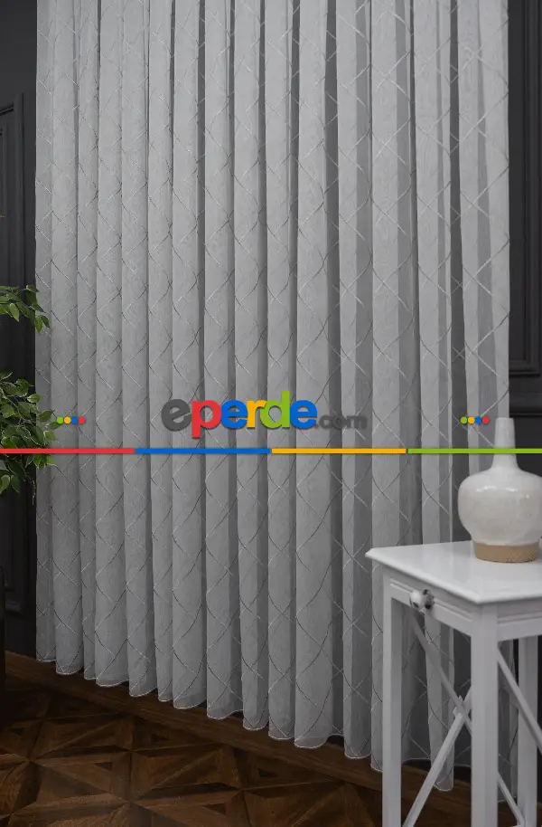 Salon - Geometik Desenli Tül Perde - Ekru - Gümüş
