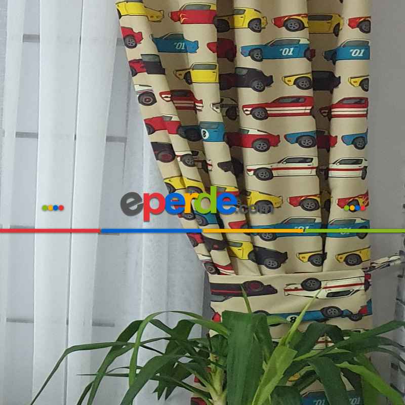 Popart Araba Desenli Fon Perde Evm1063 Kumaşı Kalındır Duck Bezi Değildir- Siyah-Kırmızı-Sarı-Beyaz