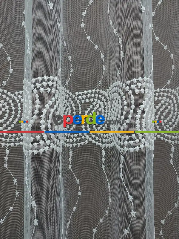 Brode İşlemeli Nakışlı Tül Perde Es Desenli - Ekru Renk