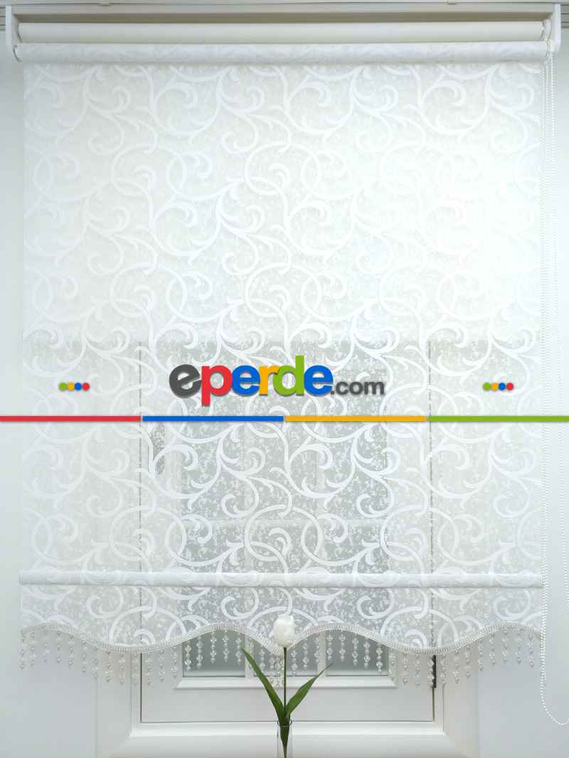 Yatak Odası - Jakar Örme Tül-dilay 801 Ekru Çiftli Sistem Dantel Desenli Perde- Ekru