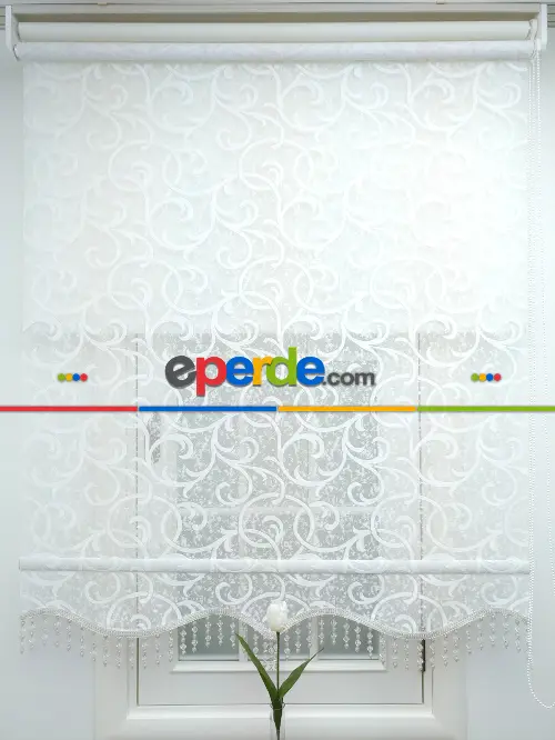 Jakar Örme Tül-dilay 801 Ekru Çiftli Sistem Dantel Desenli Perde- Ekru