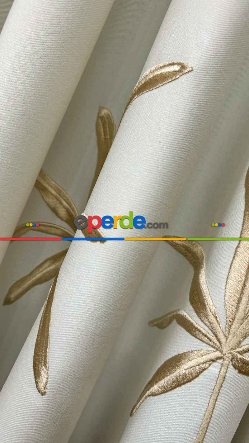 Ekru Gold Yaprak Desenli Pano Jakar Dokuma Nakışlı Fon Perde - Premium Seri Ağır Gramajlı