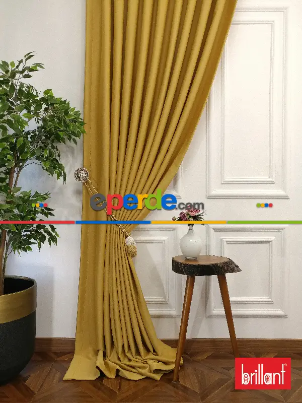 Yatak Odası - Brillant Karartma Blackout Hardal Sarı Renk Fon Perde- Hardal Sarısı
