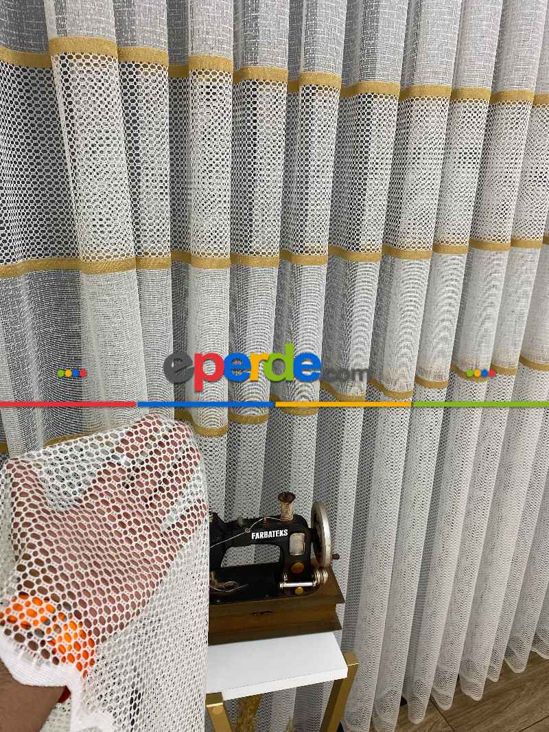 Yatak Odası - Milano Gold Altın Ara Bantlı Yeni Tasarım Tül Perde