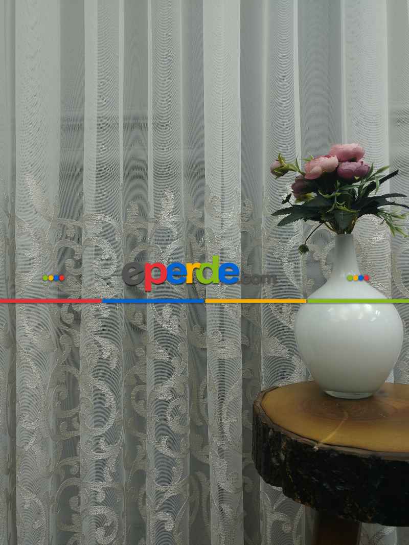 Salon Eteği Duble Nakış İşlemeli Tül Perde Ikon 2021- Krem-Krem Açık