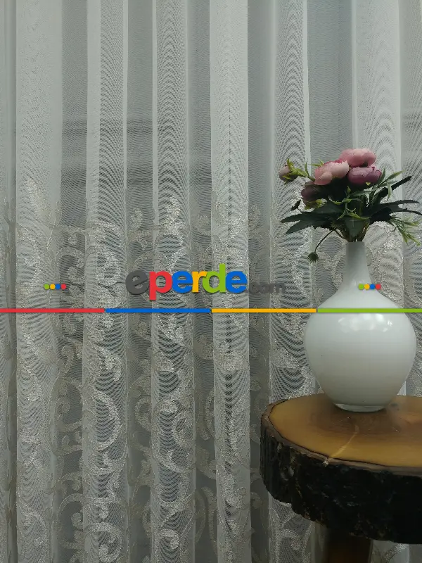 Salon Eteği Duble Nakış İşlemeli Tül Perde Ikon 2021- Krem-Krem Açık