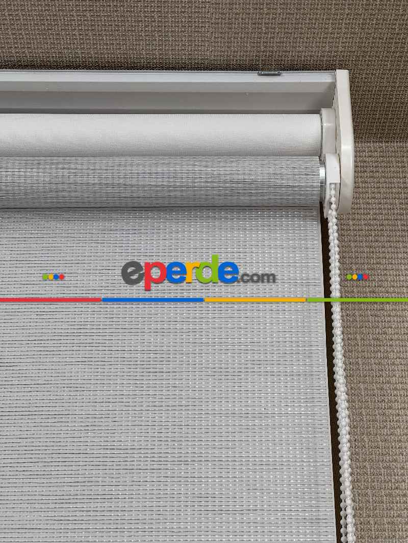 Ekru Gri Çiftli Sistem Tül Stor Perde, Standart Metal Kasalı Yüksek Kalite Kornişe Kolay Montaj Seçenekli