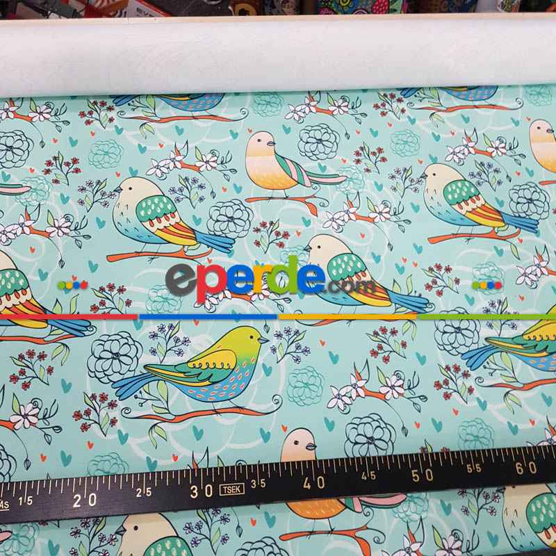 Kuş Desenli Fon Perde Evm1087-3 Kumaşı Kalındır Duck Bezi Değildir- Beyaz-Mavi Açık