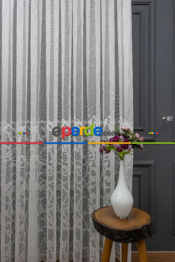 Salon - Eteği Desenli Örme Tül - Ekru Renk Yüksek Kalite