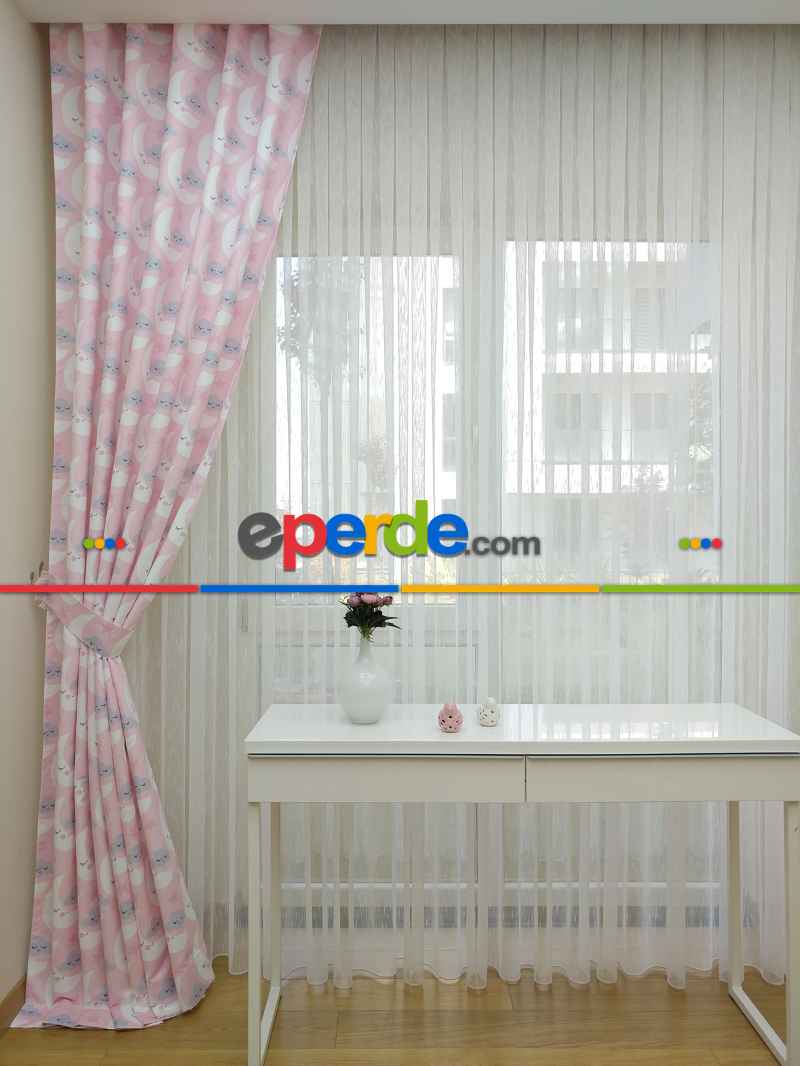 Kız Çocuk Odası Fon Perde - Ay Dede Desenli Fon Perde Modelleri - Pembe Mavi