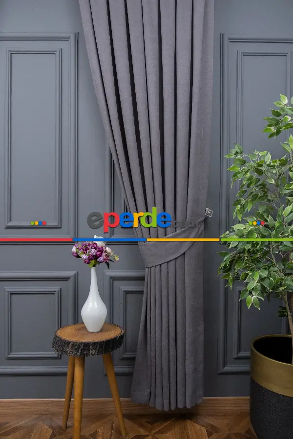 Koyu Gri Düz Fon Perde Dökümlü Fon Perde