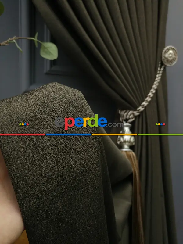 Yatak Odası - Modern Keten Görünümlü Işık Geçirmez Karatma Fon Perde 2021 Ikon- Kahve Venge-acı Kahve