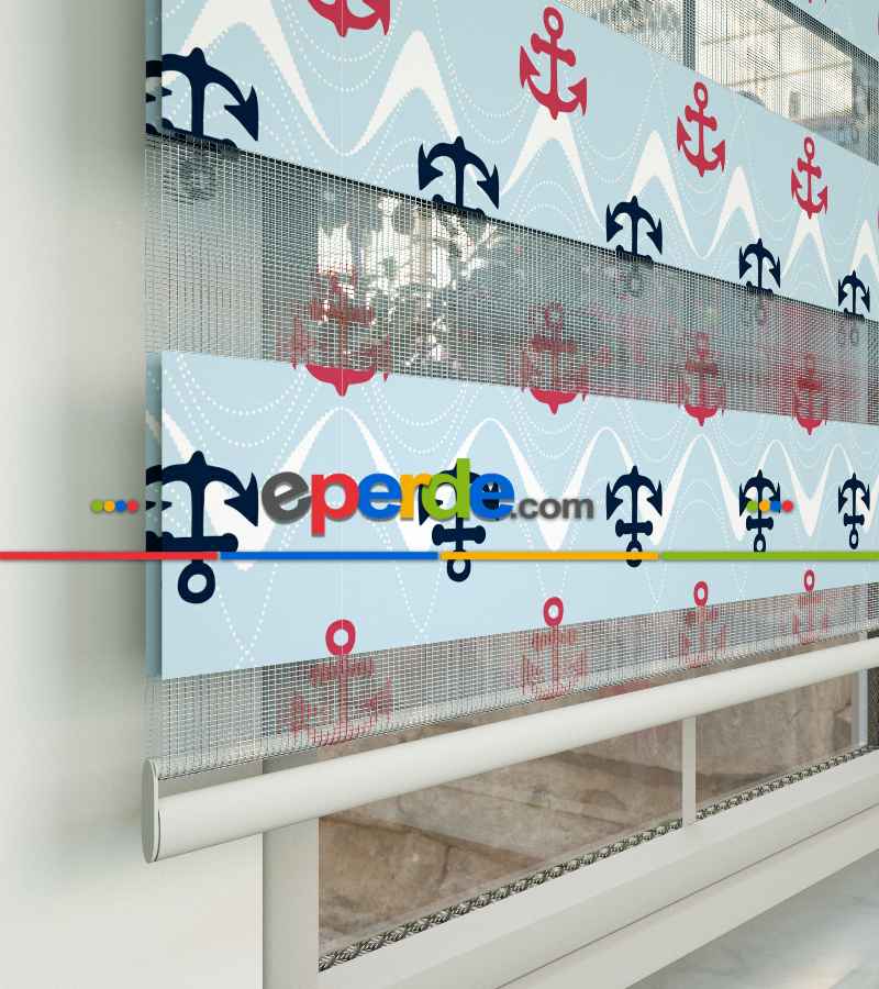 Bebek Odası Zebra Perde - Çapa Desenli Baskılı Zebra Perde- Çok Renkli