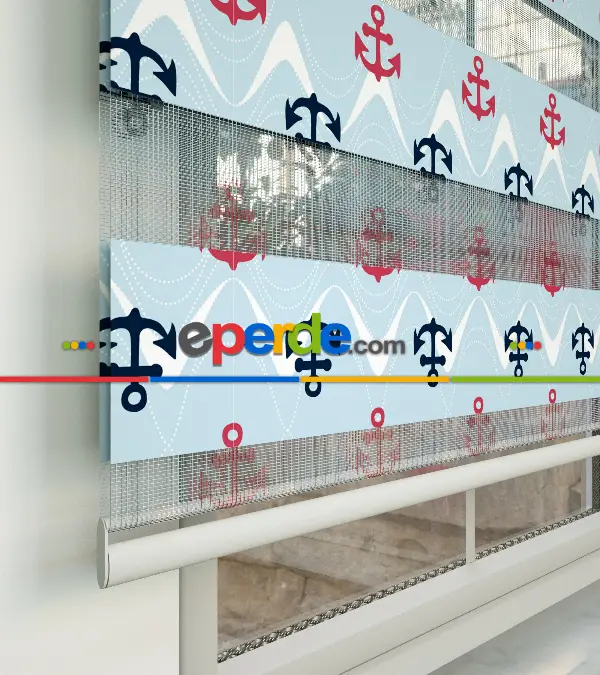 Bebek Odası Zebra Perde - Çapa Desenli Baskılı Zebra Perde- Çok Renkli