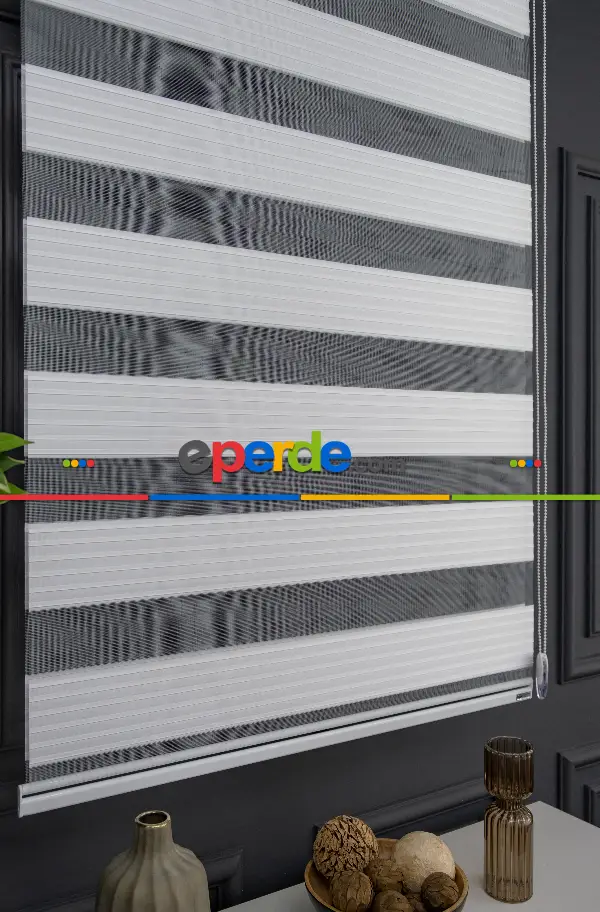 Salon Zebra Perde - Beyaz Renk Yüksek Kalite Pliseli Zebra, Mekanize Perde