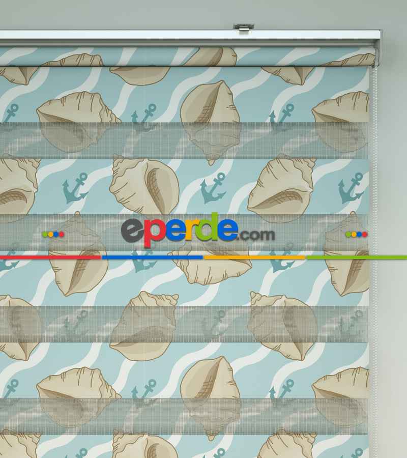 Çocuk Odası Zebra Perde - Deniz Kabuğu Baskılı Zebra Perde- Mavi-Beyaz-Krem