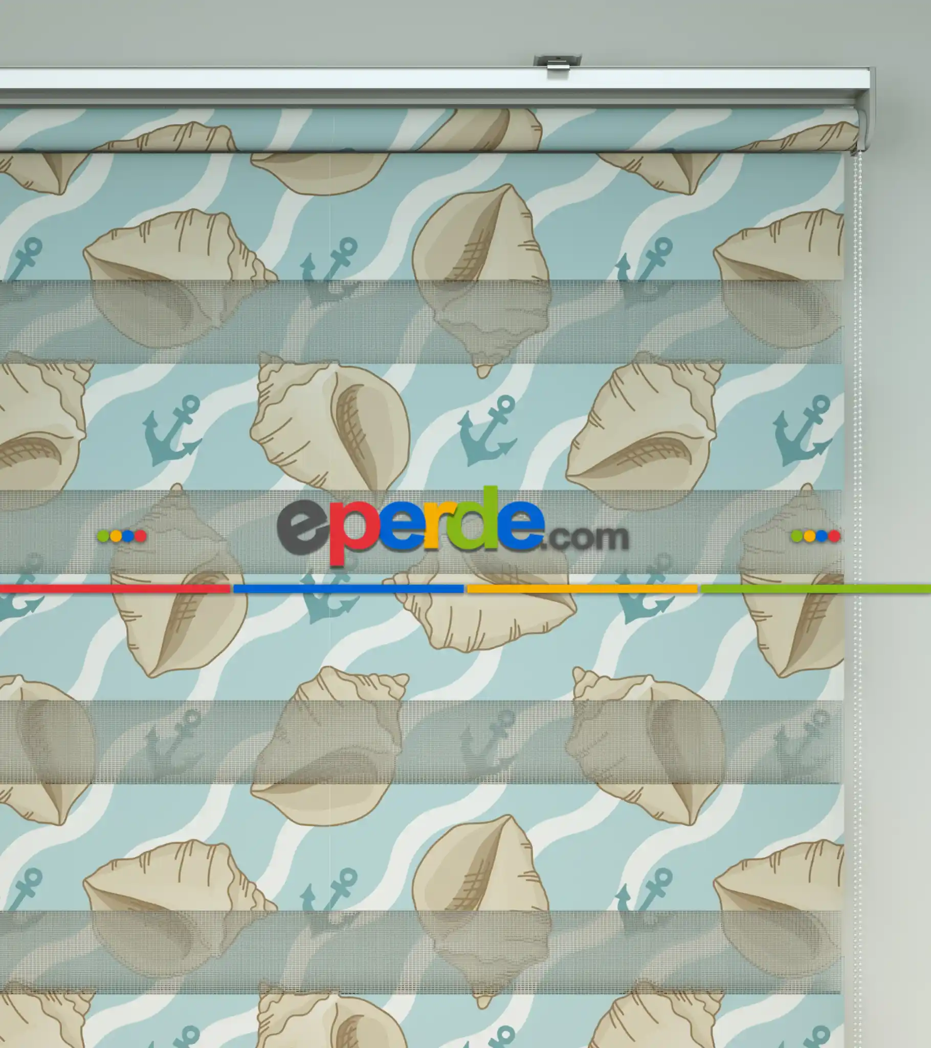 Deniz Kabuğu Baskılı Zebra Perde- Mavi-beyaz-krem