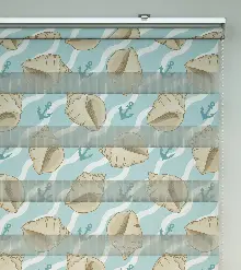 Deniz Kabuğu Baskılı Zebra Perde- Mavi-beyaz-krem