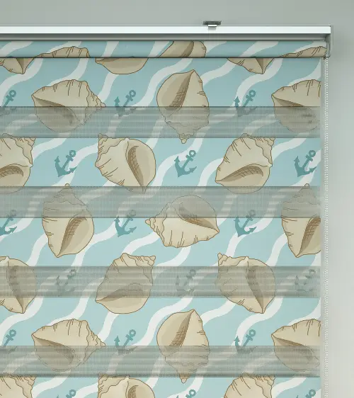 Deniz Kabuğu Baskılı Zebra Perde- Mavi-beyaz-krem