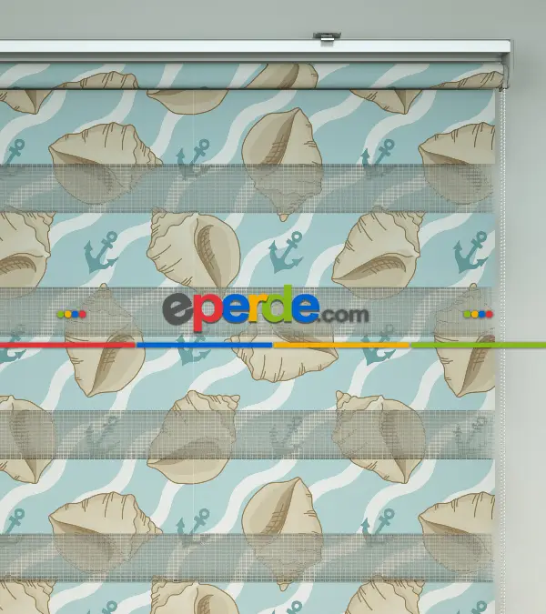 Deniz Kabuğu Baskılı Zebra Perde- Mavi-beyaz-krem