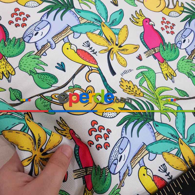 Tropikal Orman Desenli Fon Perde Evm688 Kumaşı Kalındır Duck Bezi Değildir- Yeşil-Beyaz