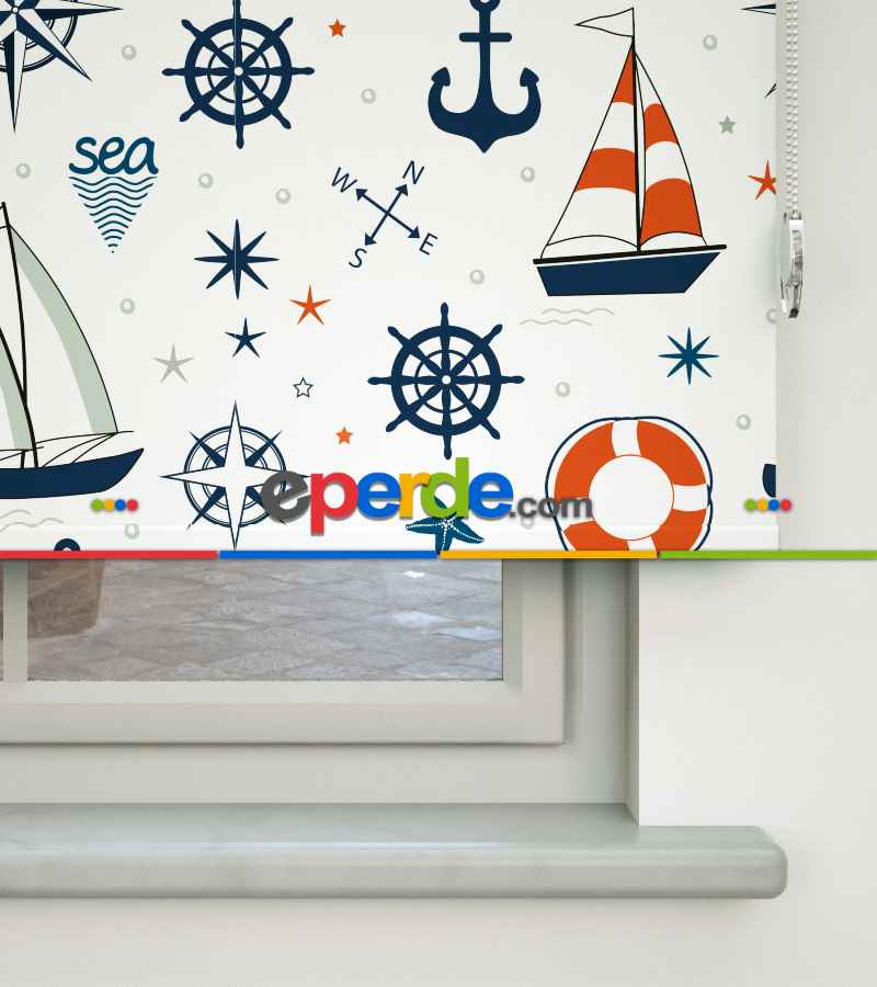 Denizci Desenli Baskılı Stor Perde- Lacivert-kırmızı-ekru