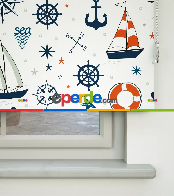 Bebek Odası Stor Perde - Denizci Desenli Baskılı Stor Perde- Lacivert-Kırmızı-Ekru