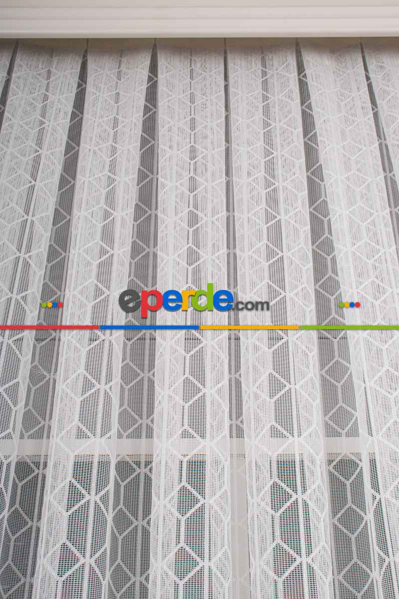 Salon - Taç Fransız Dantel Örme Tül Perde - Ekru