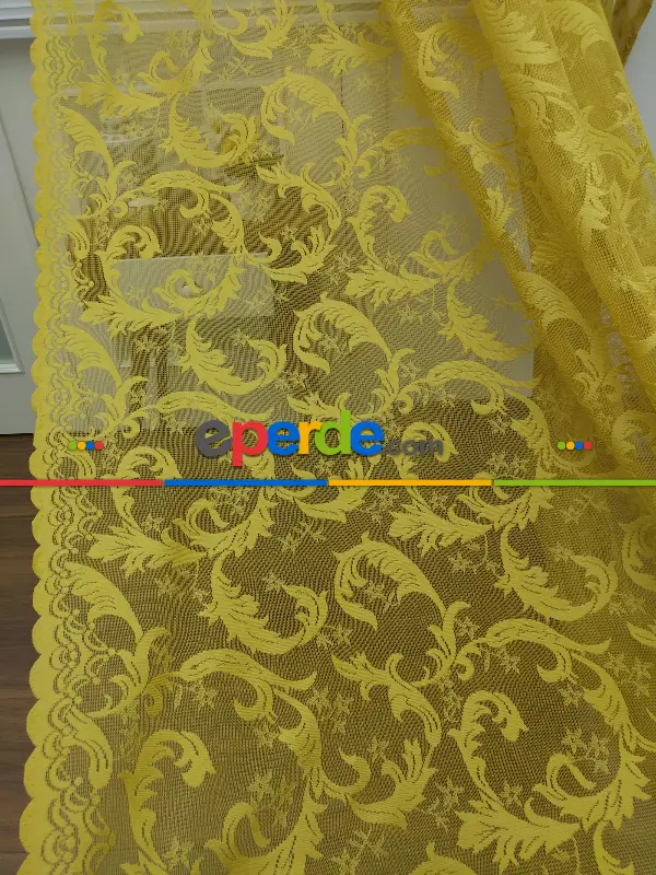 Sarı - Desenli Dantel Tül Fon Perde- Sarı
