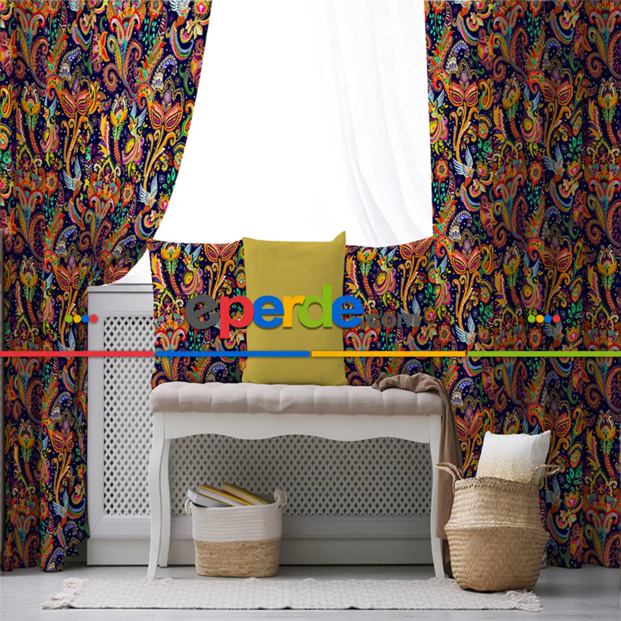 Etnik Renkli Desenli Fon Perde Evim452 Kumaşı Kalındır Duck Bezi Değildir- Mavi-beyaz