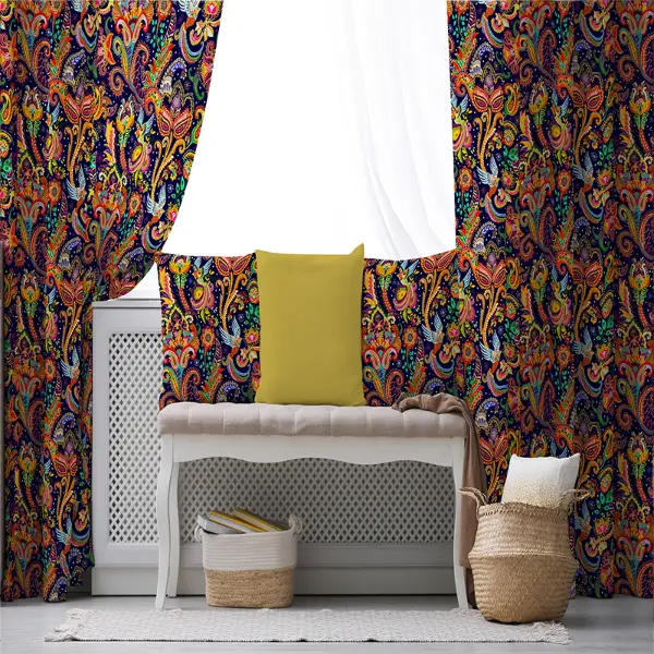 Etnik Renkli Desenli Fon Perde Evim452 Kumaşı Kalındır Duck Bezi Değildir- Mavi-beyaz