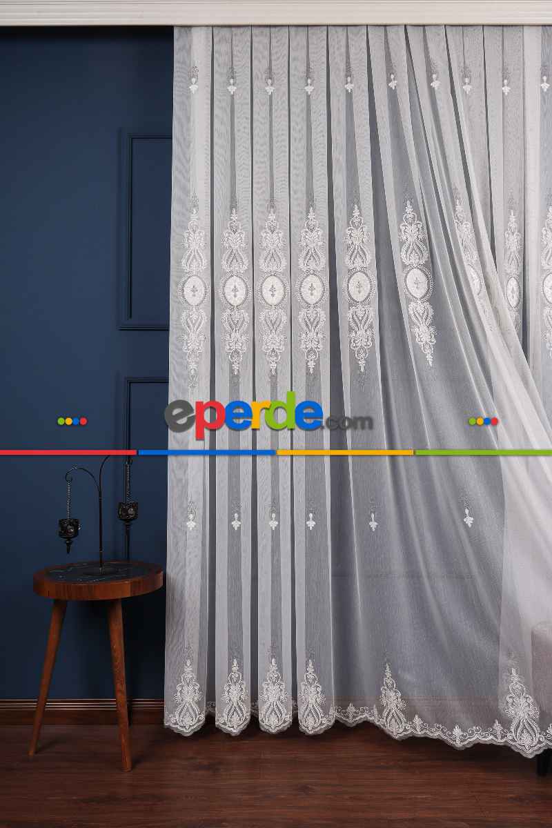 Salon Tül Modelleri - Avangart Ekru-gri Nakış İşlemeli Tül Perde