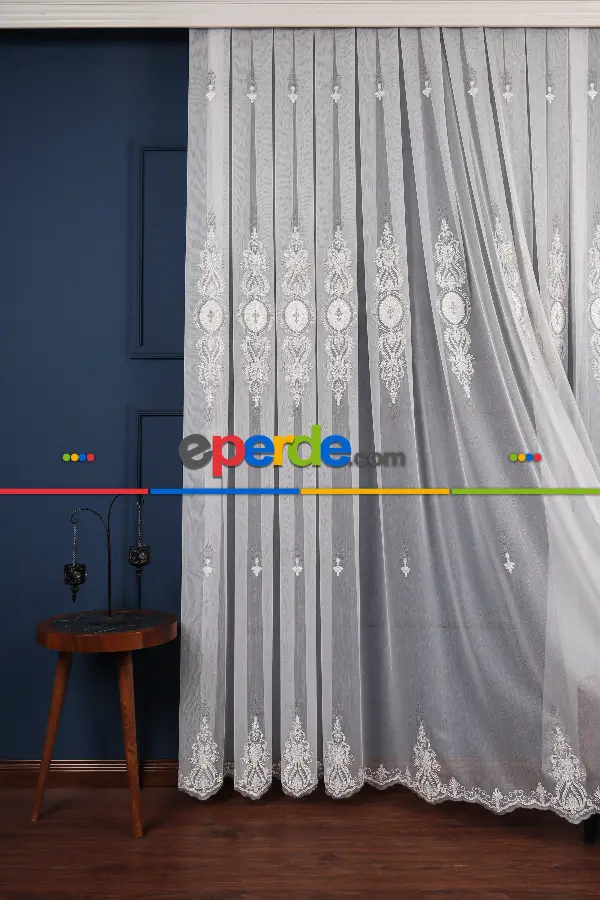 Salon Tül Modelleri - Avangart Ekru-gri Nakış İşlemeli Tül Perde