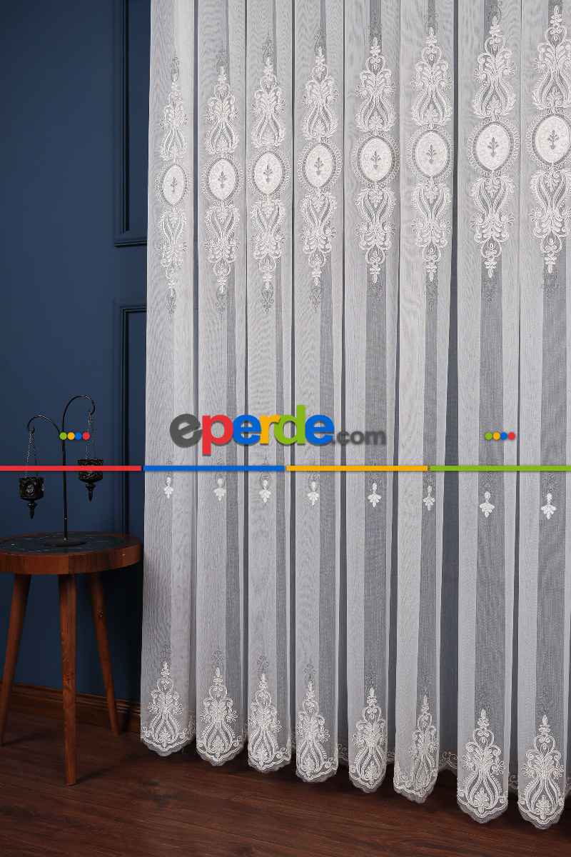 Salon Tül Modelleri - Avangart Ekru-gri Nakış İşlemeli Tül Perde