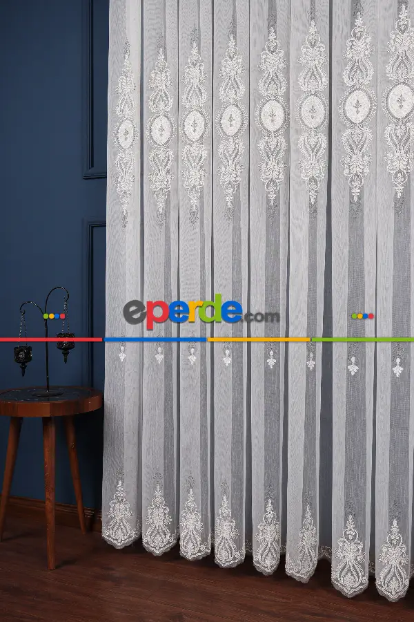 Salon Tül Modelleri - Avangart Ekru-gri Nakış İşlemeli Tül Perde