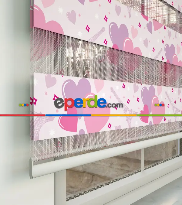 Kalp Desenli Baskılı Zebra Perde- Pembe