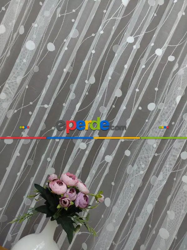 Genç Odası - Ft Serisi Daire Cizgili Halkalı Topcuklu Tül Perde- Ekru