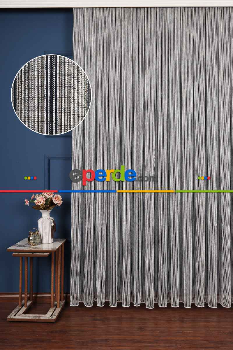 Salon Tül Modelleri - Luka Ekru-siyah Düz Tül Perde Ütü İstemez