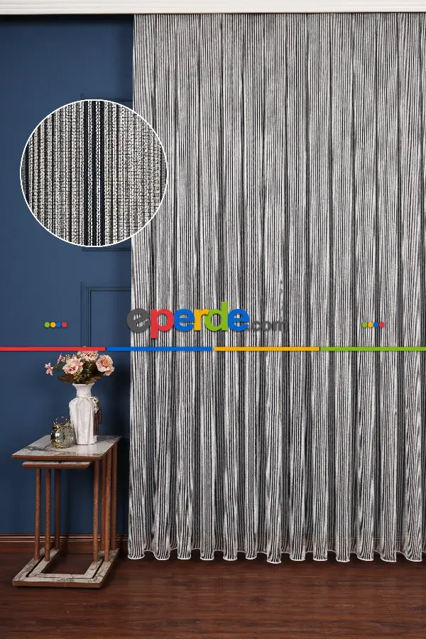 Salon Tül Modelleri - Luka Ekru-siyah Düz Tül Perde Ütü İstemez