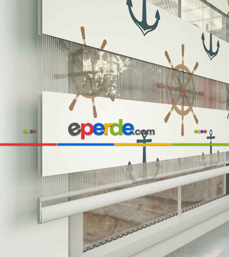 Bebek Odası Zebra Perde - Denizci Desen Baskılı Zebra Perde- Çok Renkli