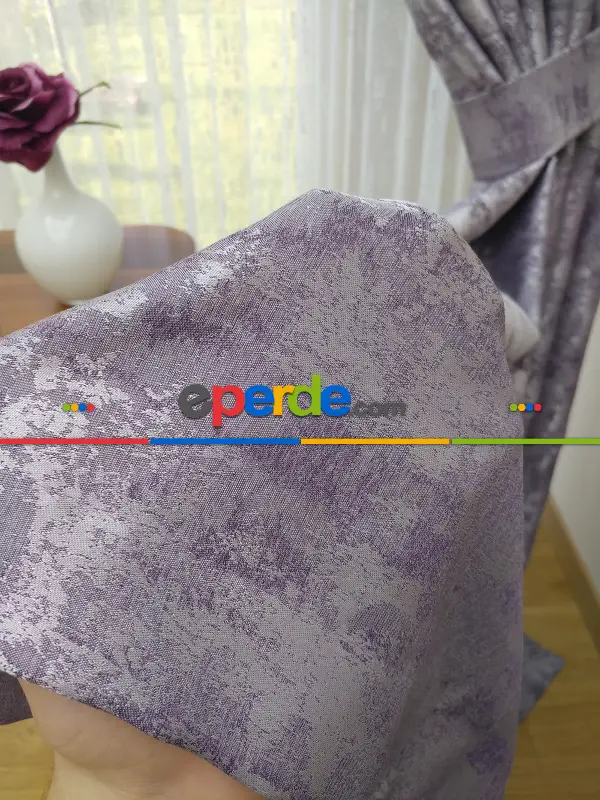 Patinedesenli Lila - Katyonik Jakar Fon Perde- Lila